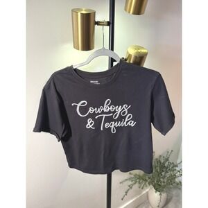 Organic Collective tee crop Cowboys & Tequila cuffed gray chainstitch SM country